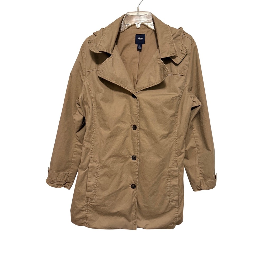 Gap Women's L Tan Trench Jacket Removable Hood Button Front Belted Real Khaki